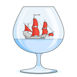 彩色玻璃的红帆的船。与帆船的旅行 旅游 旅行社 酒店 度假卡纪念品