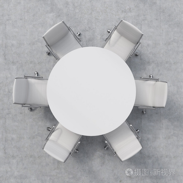会议室的顶部视图. 一张白色的圆桌和六把椅子