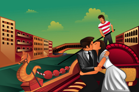 年轻夫妇在船上接吻