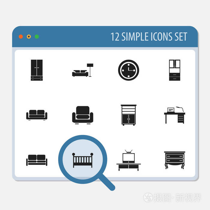 12 可编辑内部图标集。包括沙发 衣柜 室内等符号。可用于 Web 移动 Ui 和数据图表设计