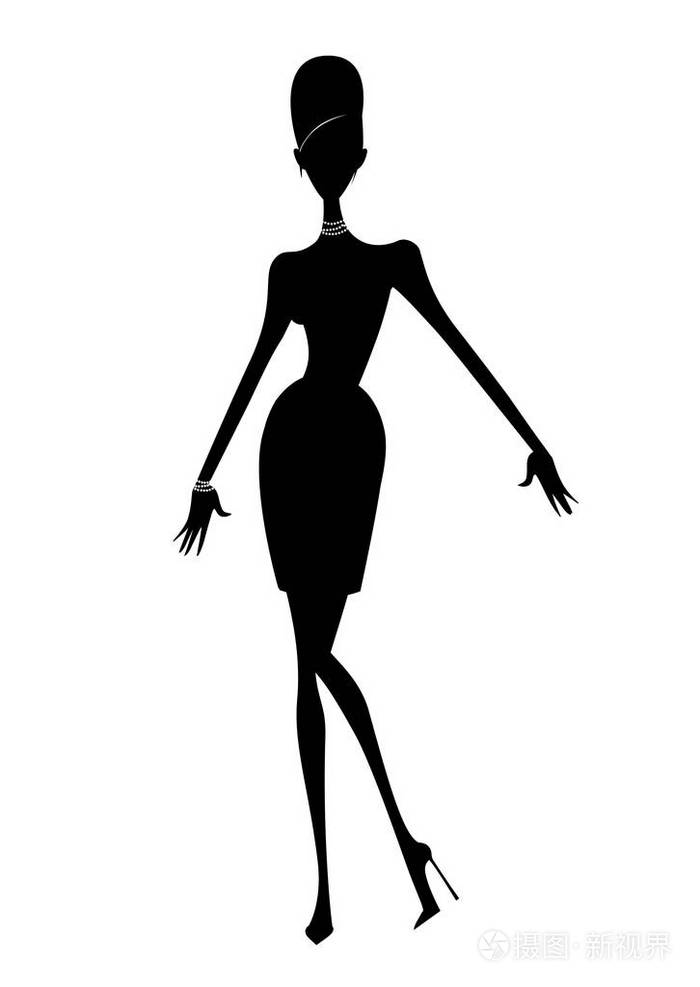 一个短的裙子和高跟鞋的女人的时尚剪影
