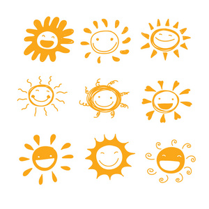 太阳微笑多样性手绘制可爱集的向量为装饰或