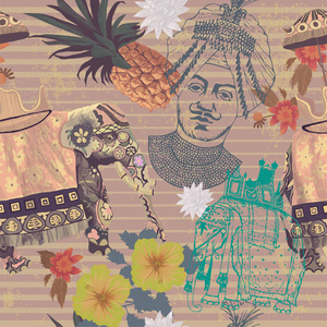 Seamlwss 复古图案与印度大象 菠萝 鲜花 王公头