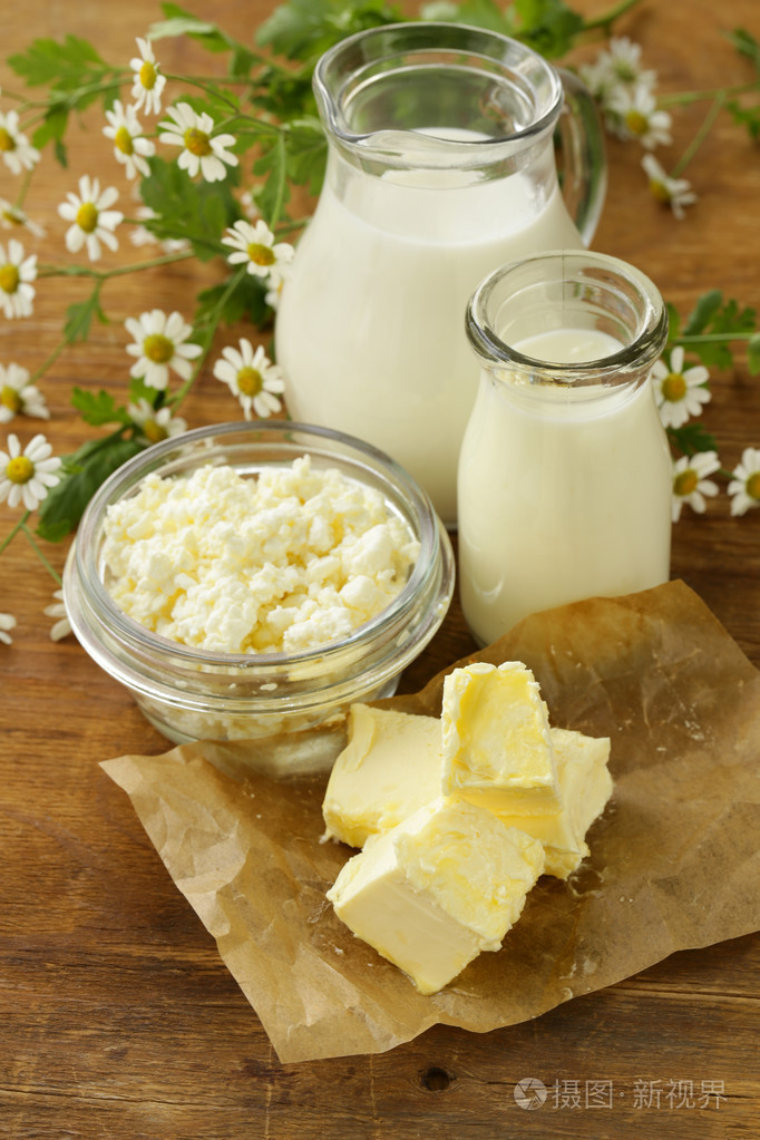 琳琅满目的奶制品 (牛奶, 黄油, 酸奶, 酸奶) 质朴的静物