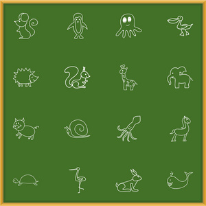 16 可编辑动物园涂鸦组。包括符号鹈鹕 高大的动物，海胆等。可用于 Web 移动 Ui 和数据图表设计
