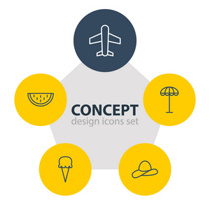 矢量图的 5 夏天图标。可编辑包飞机 伞 帽子和其他元素
