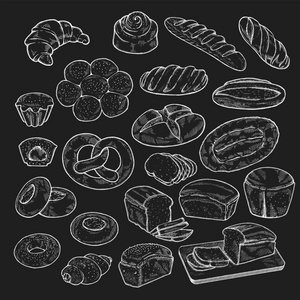 大套的食物素描图。手画的面包和糕点背景，写意的雕刻风格，艺术元素