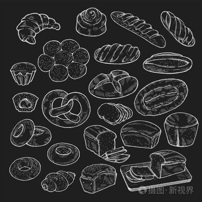 大套的食物素描图.手画的面包和糕点背景,写意的雕刻风格,艺术元素
