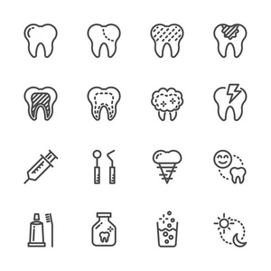 牙齿和牙科 卫生保健和医疗的图标。矢量线 ico