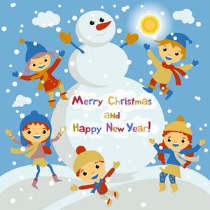 闪亮的矢量圣诞背景与有趣的雪人和儿童