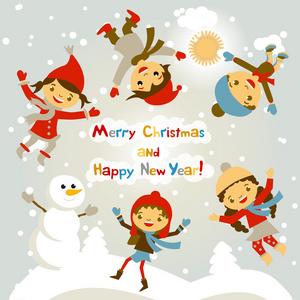 闪亮的矢量圣诞背景与有趣的雪人和儿童