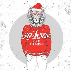 圣诞节时髦时尚动物狮子穿上新的一年帽子和毛衣