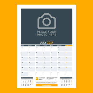 对 7 月 2017 年日历计划模板。周从星期一开始。设计色彩背景上孤立的打印矢量模板