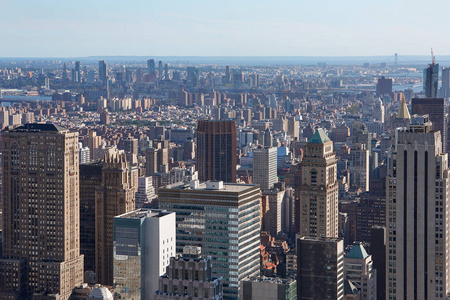 纽约市地平线鸟瞰图摩天大楼和地平线, 阳光