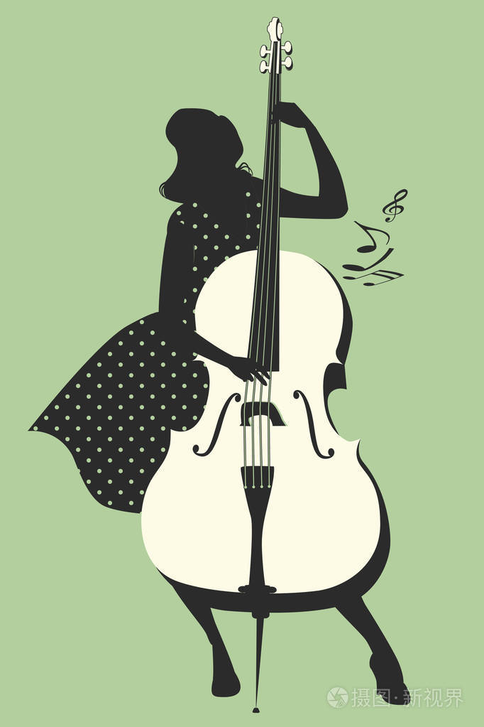 美丽和纹身针的女孩玩低音提琴