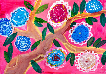 花类盘子画儿童画.圆形花树照片