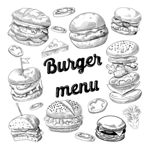 手绘汉堡。与芝士汉堡，三明治和汉堡的快餐菜单。矢量图