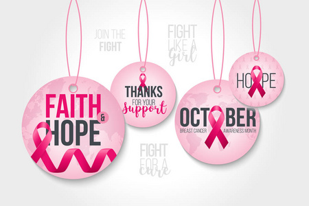 乳腺癌意识徽章。10月是世界乳癌认知月。矢量插图