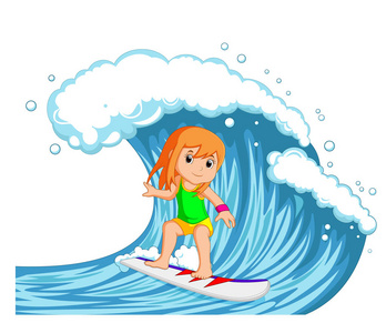 年轻女人跟大浪冲浪