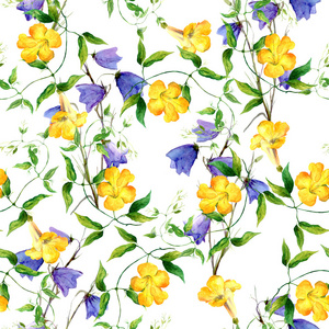 黄花和蓝铃。 重复花图案水彩