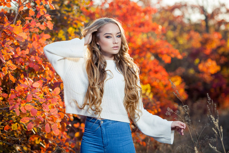 美丽的年轻女子，卷发的背景下，红色和黄色的秋天叶子