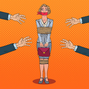 监狱学园漫画图波普艺术受惊的女人绑起来用绳子.业务问题.矢量图照片