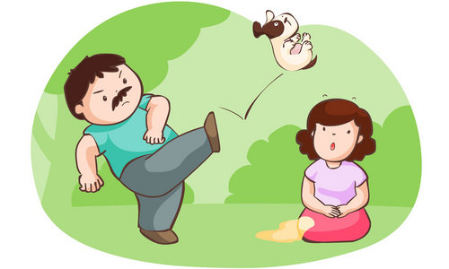 丈夫踢狗保护他的妻子矢量照片