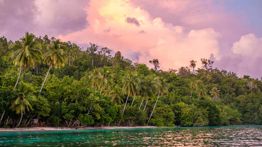 晚上在日落 Gam 岛，西巴布亚，Raja Ampat，印度尼西亚在丛林上空的云