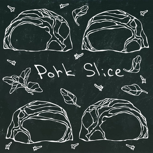 行的牛排肉片和草药.上一个黑色的黑板背景孤立的矢量图.