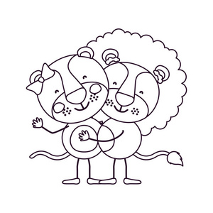 草绘轮廓漫画与几个母狮和狮子拥抱