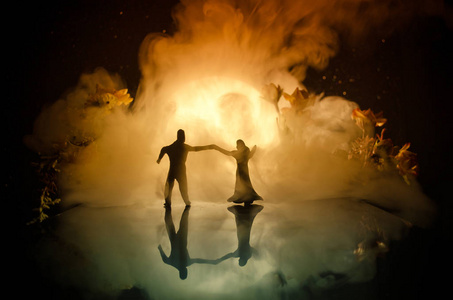 晚上在月光下跳舞的玩具夫妇的身影.