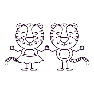 草绘轮廓漫画与老虎手牵着手的情侣照片