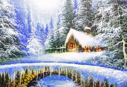 纹理油画，印象派冬季景观