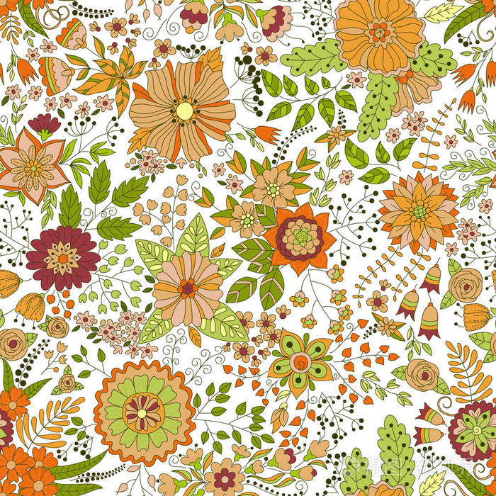 矢量花卉图案.多彩无缝植物园的纹理,详细的花插图.