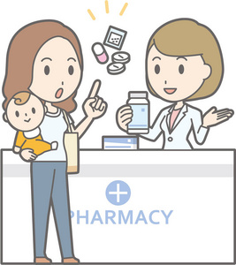 咨询女性医药的插图平面样式年轻药剂师在药店对面货架上的药品女商人