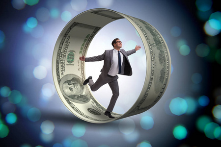 商人在仓鼠轮子追逐美元试图抓住一张蝴蝶网飞钱的商人追钱商人奔跑