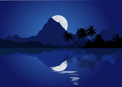 蓝蓝的夜,与月亮夜月星辰图蓝色满月大气在黑暗的夜空背景下天与海,夜