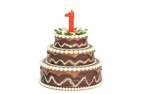 巧克力生日蛋糕和蜡烛编号为 1，3d 渲染