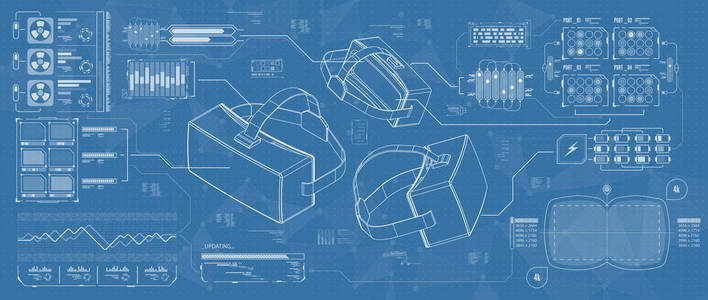 虚拟现实眼镜的 Hud ui。未来派用户界面的应用程序和 web。平视显示的信息图表，设置运动设计要素