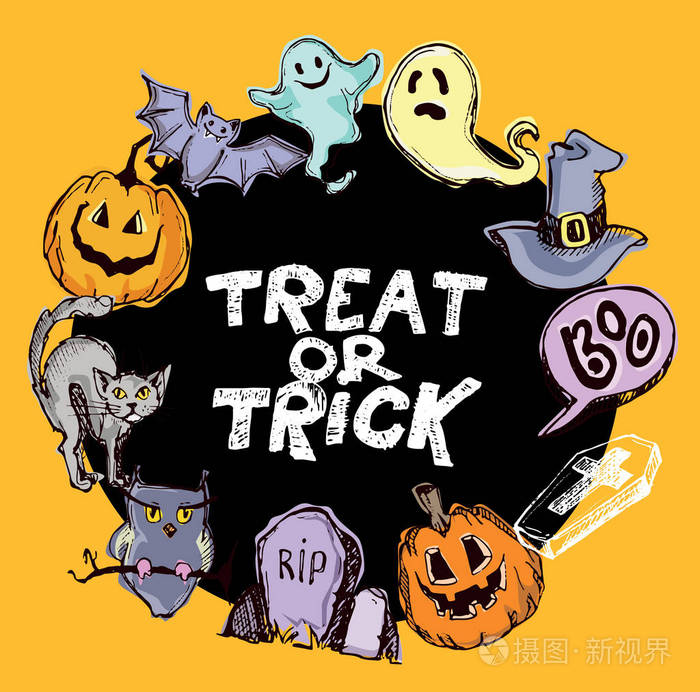 万圣节手绘人物和属性涂鸦集.万圣节矢量图.矢量图