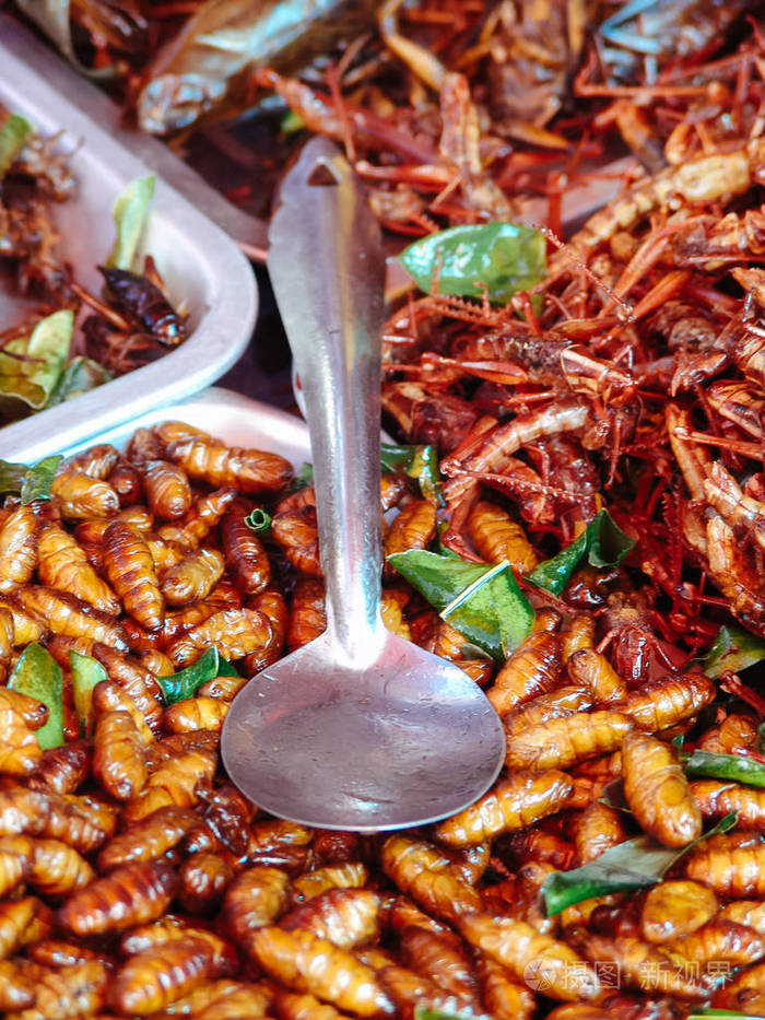 油炸昆虫对街头食品摊的亚洲