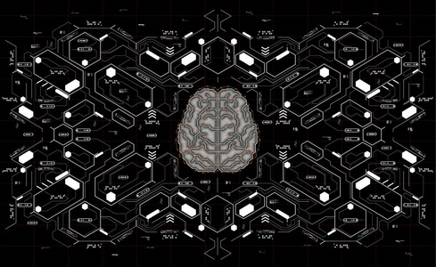 概念的多边形大脑与 Hud 元素。背景与未来的用户界面。平视显示器元素设计概念