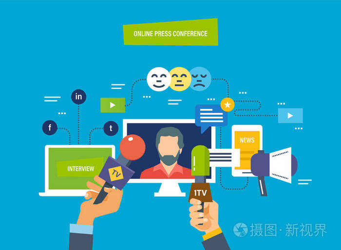 在线新闻发布会概念.通讯, 访谈, 问题, 广播, 新闻供稿