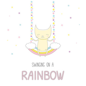 可爱的猫咪在彩虹上荡秋千