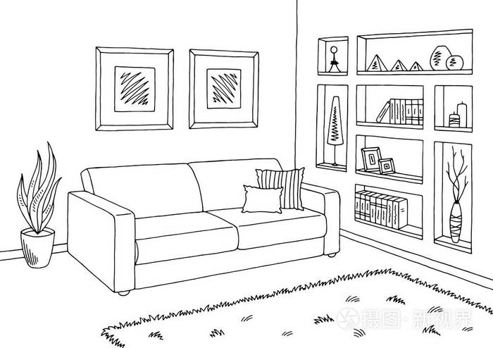 客厅里图形黑色白色内饰素描图矢量
