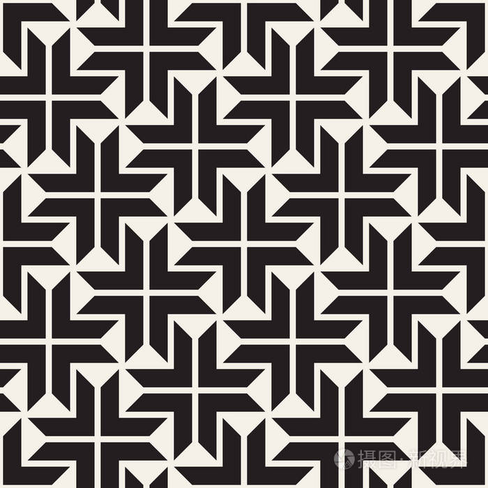 矢量无缝黑色和白色线条图案抽象背景十字形状几何拼接装饰
