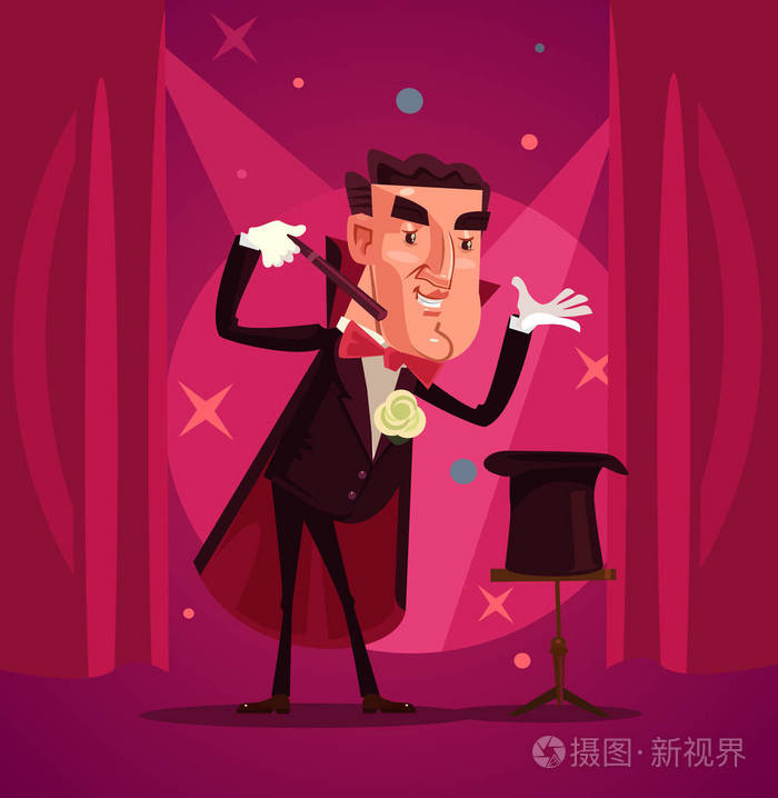 快乐的微笑魔术师向导字符显示焦点.矢量平面卡通插画