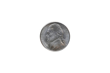美国一枚镍硬币 五美分 年2000被隔绝在白色背景, 正面和反向