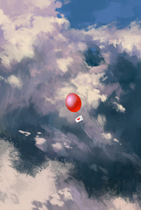 红色的气球漂浮在空中的爱信信封