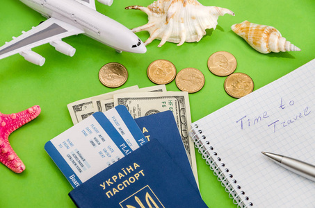 旅行时间飞机, 机票, 护照和钱